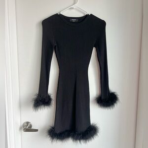 Black Ribbed Long-Sleeve Dress with Feather Trim